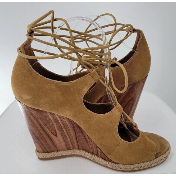 Tory Burch Raya Suede Lace Up Wedge Heels Womens Tan Brown Open Toe Sandals - Picture 7 of 10